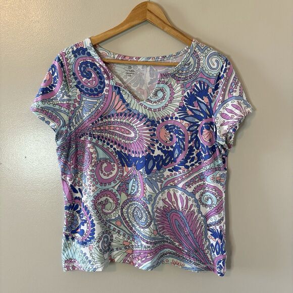 T By Talbots Paisley Top Purple Blue Short Sleeves Sz Large Petite - Picture 1 of 7